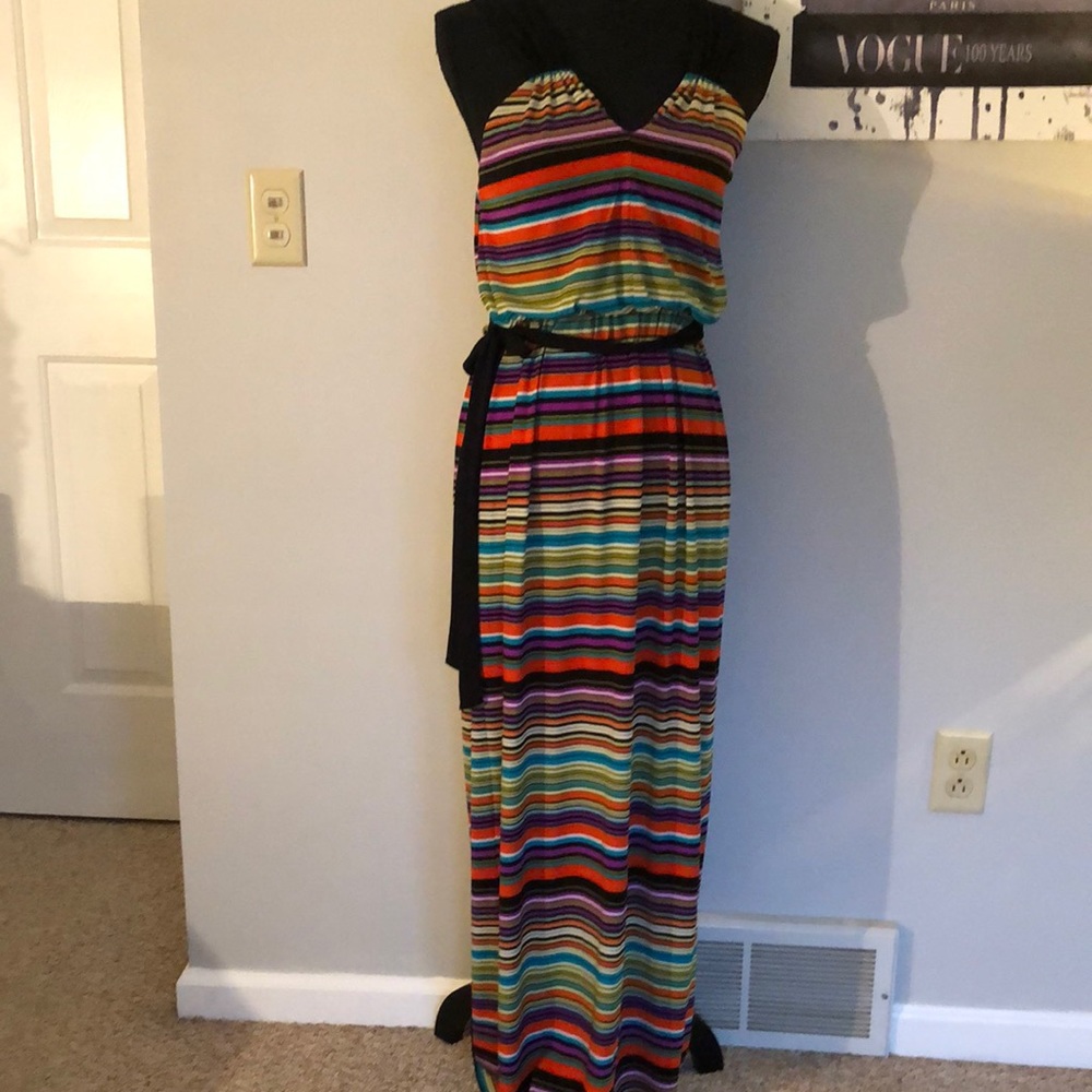Valerie Bertinelli maxi dress multi color striped black, orange & green belted